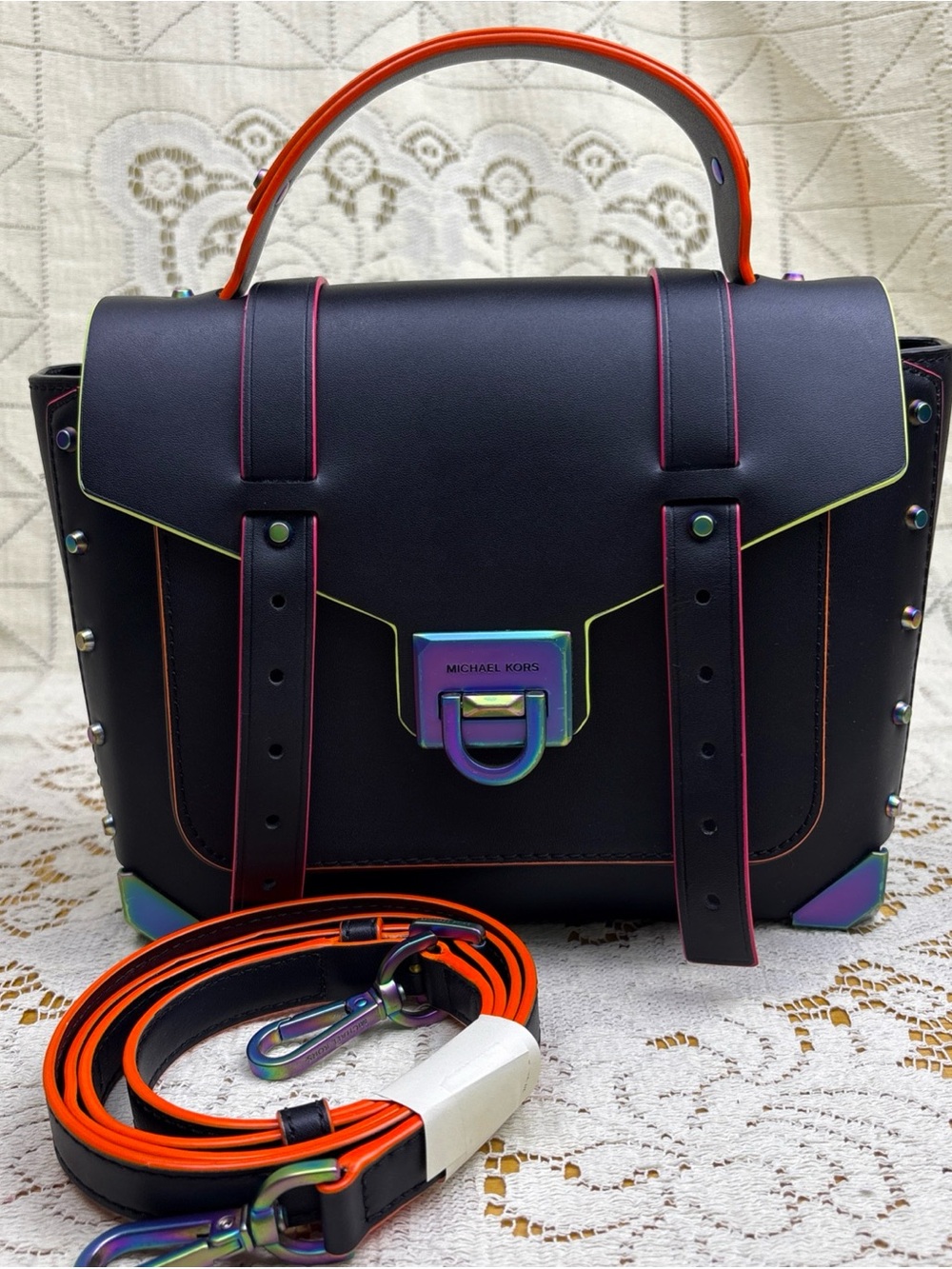 Michael Kors Manhattan Black Leather Satchel with Neon Trim and Rainbow Hardware